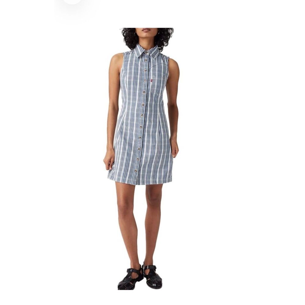 Levi's | Womens Zeda blue stripe denim plaid mini dress size M